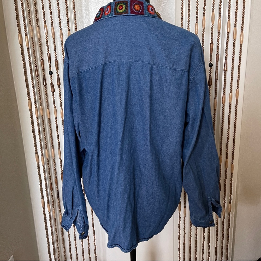 Vintage Blue Denim Embroidered Button Down Collared Blouse XL - Picture 6 of 10